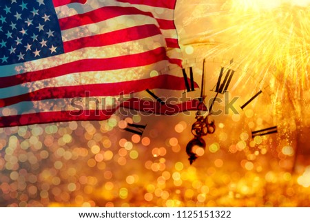 Celebrating Independence Day. United States of America USA flag with fireworks background for 4th of July