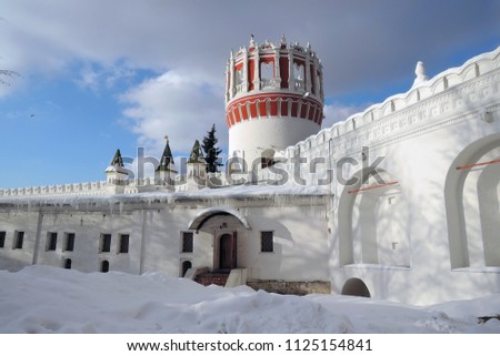 Architecture of Novodevichy convent in Moscow. Color winer photo.