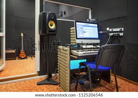 Sound recording studio interior. Sound engineer workplace.
