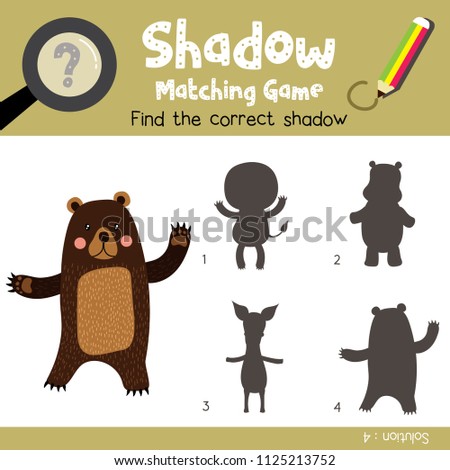 Shadow matching game of Standing Bear raising two hands animals for preschool kids activity worksheet colorful version. Vector Illustration.