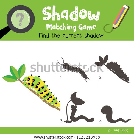 Shadow matching game of Caterpillar crawling on the branch animals for preschool kids activity worksheet colorful version. Vector Illustration.