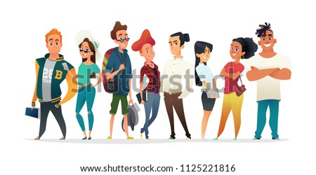 Group of charismatic smiling young people standing together. Students, schoolchildren, young professionals collection. Cartoon Characters design for your projects Royalty-Free Stock Photo #1125221816