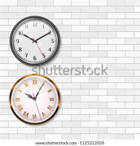 Antique Wall Clock, Gold Wall Clock with Roman Numerals and Round Quartz Analog Wall Clock, Minimalistic Modern Office Clock with Arabic Numerals on White Brick Wall. Realistic Vector Illustration.