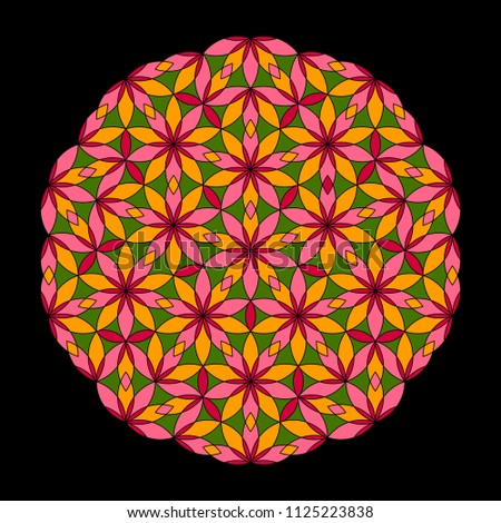 Flower Pattern. Colorful mandala. Circular ornament. Design for print on silk neck scarf, kerchief, pillow, bandana, carpet. Coloring book page.