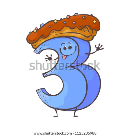 Cute cookie number three 3 character with delicious donut at his head. Typographic humanized symbol with hands, arm and face emotions. Kids birthday holiday party font sign. Vector illustration