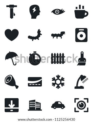 Set of vector isolated black icon - umbrella vector, tie, coffee, brainstorm, fence, caterpillar, heart, eye, car delivery, speaker, themes, stopwatch, download, desk lamp, office building, ham