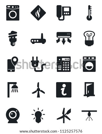 Set of vector isolated black icon - mobile tracking vector, power plug, router, web camera, air conditioner, intercome, washer, smoke detector, thermometer, bulb, energy saving, outdoor lamp, door
