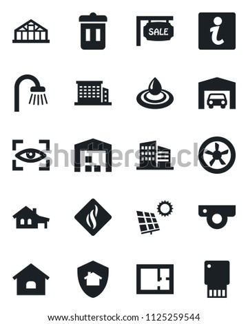 Set of vector isolated black icon - greenhouse vector, house, with garage, sun panel, warehouse, plan, sale, office building, bathroom, fan, web camera, water, smoke detector, eye scan, home protect