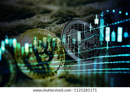 Close up of top important cryptocurrencies which dollar bank note in background. which including of Bitcoin, Ethereum, Litecoin, Dash, Zcash and Ripple coin. Business and financial of cryptocurrency.