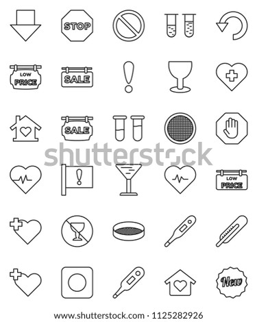 thin line vector icon set - sieve vector, arrow down, heart pulse, prohibition sign, no alcohol, cross, attention, glass, rec button, thermometer, vial, undo, stop, sale signboard, low price, new