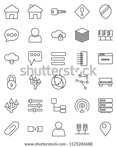 thin line vector icon set - antenna vector, connection, network, server, cloud lock, big data, browser, equalizer, menu, shield, hub, home, message, bench, download, hierarchy, route arrow, user