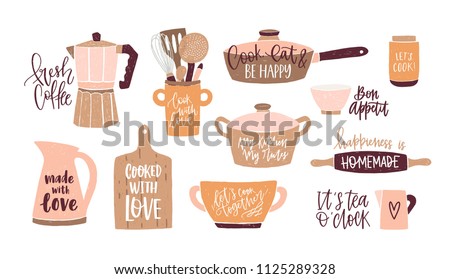 Set of lettering written with cursive font and decorated with cookware, kitchen utensils for home cooking and tools for food preparation isolated on white background. Colorful vector illustration. Royalty-Free Stock Photo #1125289328