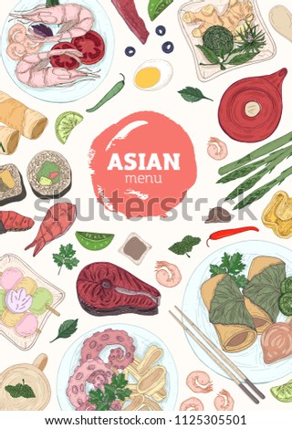 Vertical menu cover template with sushi, fish and seafood meals lying on plates, chopsticks, soy sauce hand drawn on white background. Elegant vector illustration for Asian restaurant advertisement.