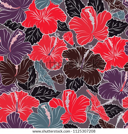 Vector illustration. Vector seamless pattern of Hawaiian Aloha Shirt seamless design in red, gray and purple colors.