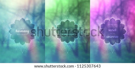 Set of three vector template for card or poster with inspirational phrase, vertical format; Spiritual sacred geometry; "Flower of life" and lotus on blurred background; Yoga, meditation and relax. Royalty-Free Stock Photo #1125307643