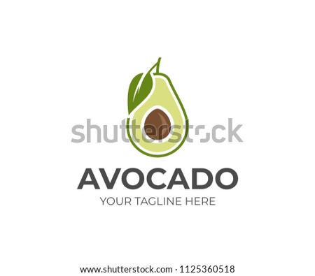 Avocado fruit logo template. Avocado half with leaf vector design. Health food logotype Royalty-Free Stock Photo #1125360518