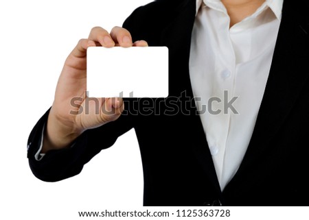 Hand holding blank white business card with copy space for text, isolated on white background.