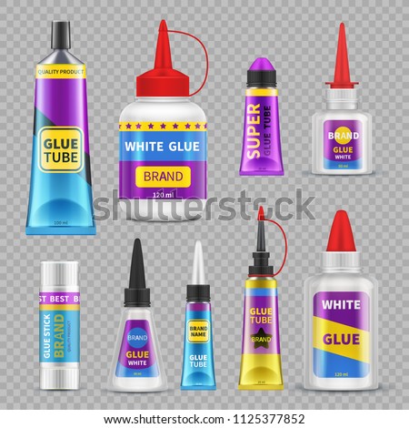 Glue sticks. Adhesive super glue tubes and bottles. Realistic isolated vector set of glue tube and bottle illustration Royalty-Free Stock Photo #1125377852