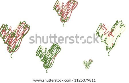 Hand Draw, Embroidered, Stylish Green and Red Hearts of Different Size on White Background