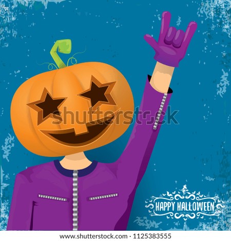 vector Happy halloween creative hipster party background. man in halloween costume with carved pumpkin head and calligraphic halloween text on grunge layout. Happy halloween rock concert poster design
