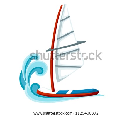 Cartoon sailing board on water. Equipment for windsurfing. Sailboard vector illustration isolated on white background.