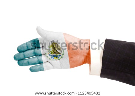 Handshake gesture businessman hand with Flag of Mexico isolated on white background