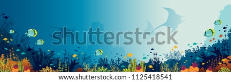 Silhouette of mantas, coral reef and fishes on a blue sea background. Underwater marine life. Vector panoramic illustration.  Royalty-Free Stock Photo #1125418541