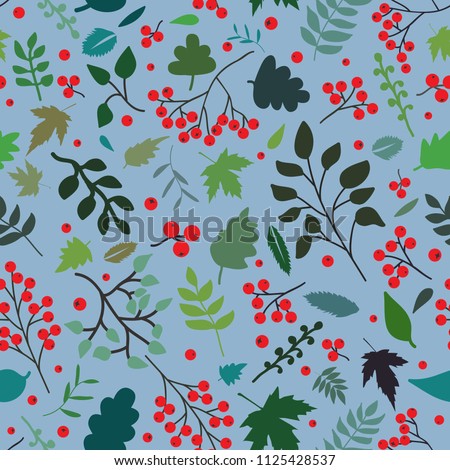 Seamless pattern with rowan berry and leaves. Forest inspiration. Vector background for wedding, invitations, textile, wrapping paper.