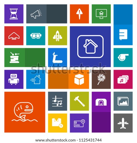Modern, simple, colorful vector icon set with clock, extreme, food, square, parachuting, hour, plane, object, jump, fitness, spanner, music, snorkel, mask, parachute, cube, sport, house, tool icons