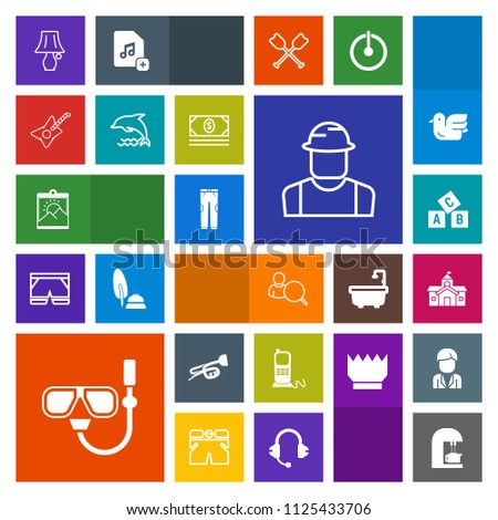 Modern, simple, colorful vector icon set with builder, person, computer, blank, alphabet, engineer, trumpet, frame, cafe, business, house, telephone, phone, government, architecture, light, mask icons