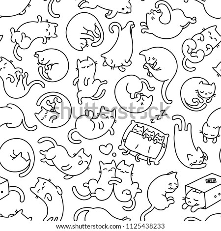 Cute Cartoon Vector Sleepy Cat Pet Icons, Seamless Pattern And Tiled Background