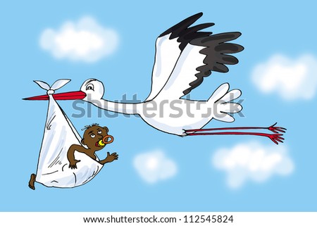 Stork and baby, cartoon