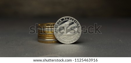 Silver Litecoin stand beside pile of coins