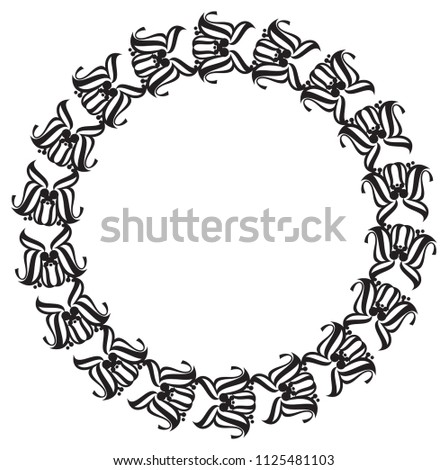 Black and white round frame with abstract flower silhouettes. Copy space. Vector clip art.