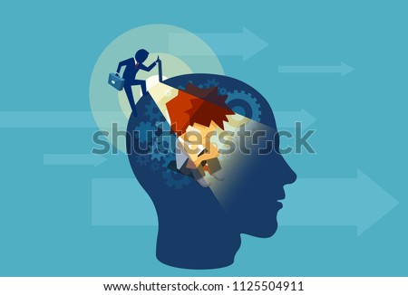 Vector of an business adult man opening a human head with a child subconscious mind sitting inside  Royalty-Free Stock Photo #1125504911
