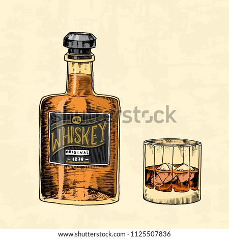 Vintage Whiskey bottle with label and a glass. American badge. Alcoholic Label with calligraphic elements. Hand drawn engraved sketch lettering for t-shirt. Classic frame for bottle poster banner.