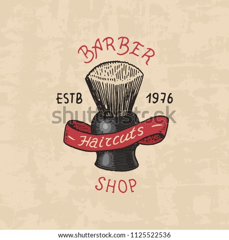 Barbershop badge label logo. Brush emblem for signboard Haircut of beard and mustache. Engraved hand drawn in old vintage sketch. Modern Lettering