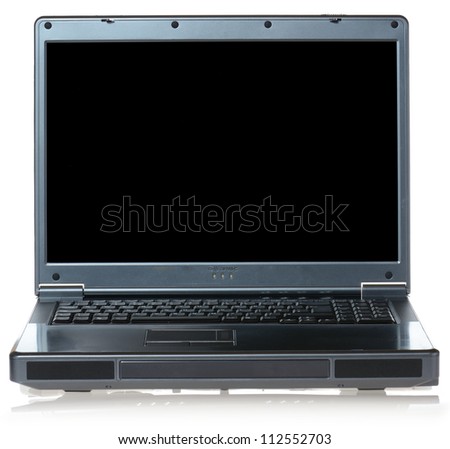 Open laptop notebook isolated on white background. Copy space on a black screen