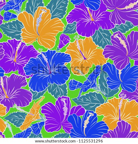 Doodle sketch style, hand-drawn illustration. Vector seamless floral pattern with hibiscus flowers, leaves, decorative elements, splash, blots and drop in blue, violet and yellow colors.