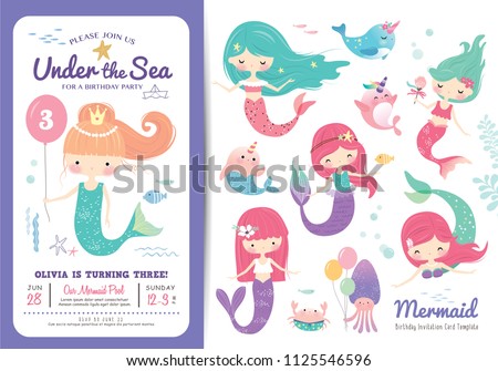 Birthday party invitation card template with cute little mermaid, marine life cartoon character and birthday anniversary numbers Royalty-Free Stock Photo #1125546596