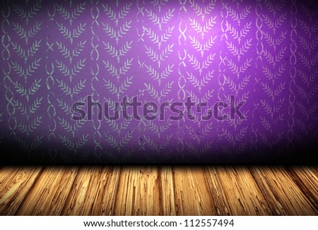 Realistic room with wooden floor and pattern on violet wall