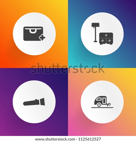 Modern, simple vector icon set on gradient backgrounds with retail, adventure, torch, light, transport, holiday, travel, shop, lamp, vacation, caravan, flashlight, energy, market, lantern, bed icons