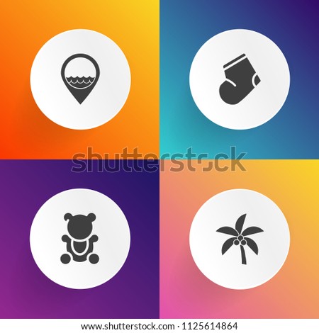 Modern, simple vector icon set on gradient backgrounds with beach, exotic, striped, warm, map, sock, fur, location, job, childhood, single, tropical, plant, tree, leaf, brown, animal, teddy, toy icons