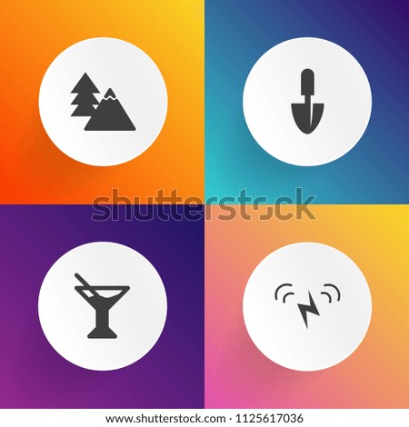 Modern, simple vector icon set on gradient backgrounds with equipment, coniferous, tree, alcohol, tropical, outdoor, wood, cold, plant, tool, juice, foliage, environment, forest, fresh, solar icons