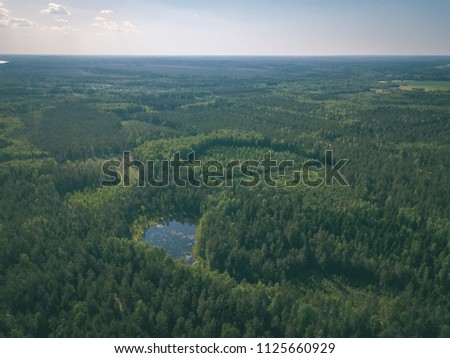 drone image. country lake surrounded by pine forest and fields from above. summer day in swamp area in Latvia - vintage retro look