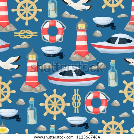 Nautical navy boats, anchor, wheel marine and ocean seamless pattern background for baby showers, birthdays, invitations vector illustration. Sea nautical rope sailboat lighthouse decoration