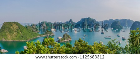 Beautiful Halong Bay landscape view from the Ti Top Island. Halong Bay is the UNESCO World Heritage Site, it is a beautiful natural wonder in northern Vietnam near the Chinese border. Royalty-Free Stock Photo #1125683312