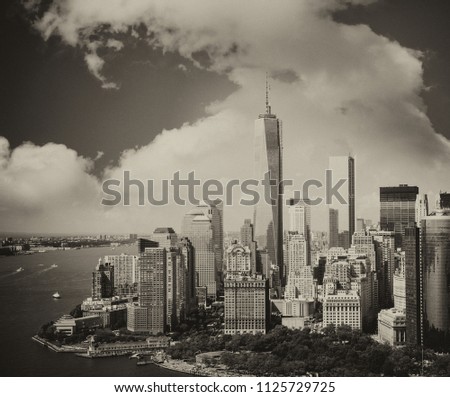 Modern city buildings and skyscrapers. Metropolis skyline with blue sky.