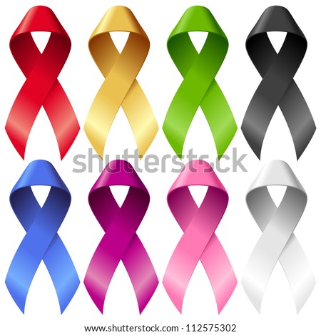 Vector breast ribbons set. Red, yellow, green, blue, purple, pink and black bands isolated on white background