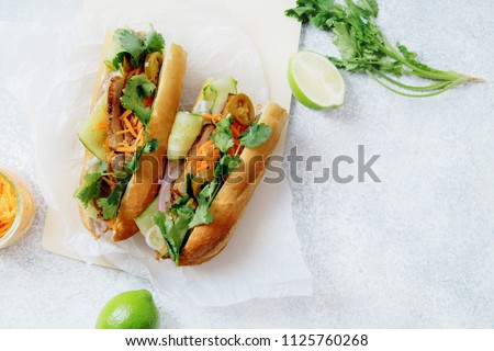 Classical banh-mi sandwich with sliced grilled pork tenderloin, shredded carrots and peeled cucumbers, jalapeno peppers and cilantro on white textured background. Top view, copy space Royalty-Free Stock Photo #1125760268